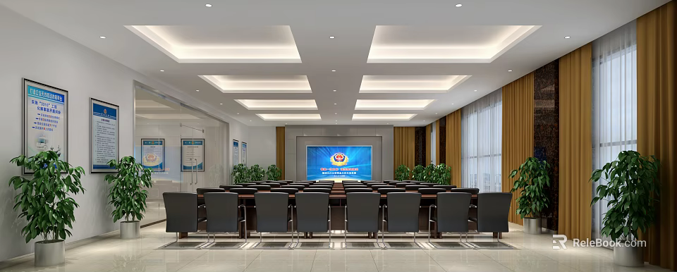Modern Conference Room Interior With Large Screen Arranged Chairs And Green Plants 3d model 