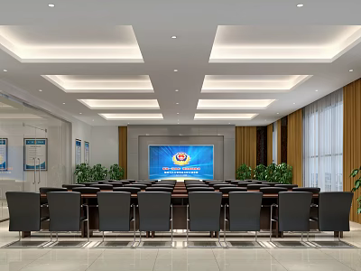 Modern Conference Room Interior With Large Screen Arranged Chairs And Green Plants 3d model