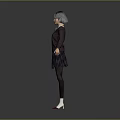 Woman With Silver Gray Hair In Purple Sweater Plaid Skirt Black Tights And Red Shoes