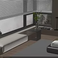 Modern Bay Window Seat With White Blinds Green Plant Small Table Table Lamp And Bed