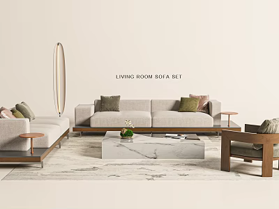 Modern Living Room Sofa and Coffee Table Set With Armchair Throw Pillows and Round Mirror 3d model