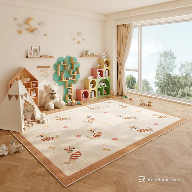 Kids Room Interior With Play Tent Stuffed Toys Colorful Bookshelves And Cartoon Rug 3d model 