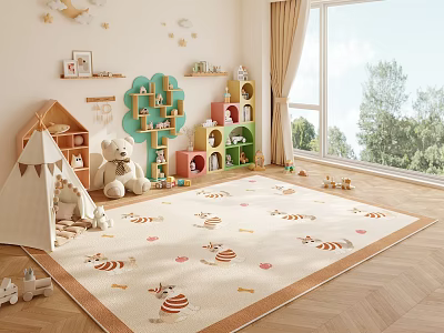 Kids Room Interior With Play Tent Stuffed Toys Colorful Bookshelves And Cartoon Rug 3d model