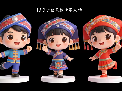 Ethnic Minority Cartoon Characters In Colorful Traditional Costumes For March 3rd 3d model