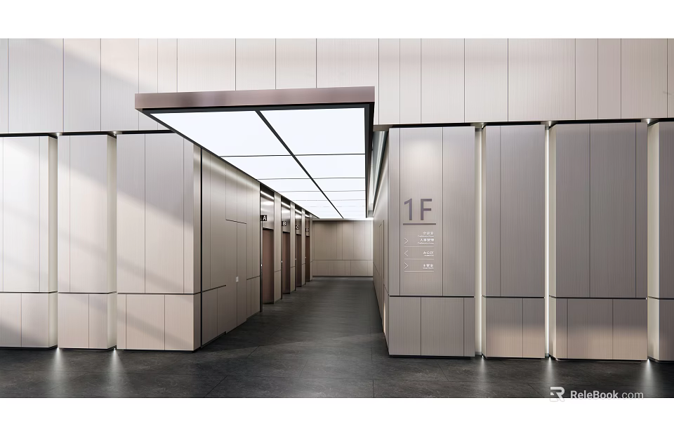 Modern Elevator Hallway With Light Colored Walls Ceiling Lights And 1F Signage 3d model