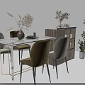 Elegant Modern Dining Table Set With Marble Tabletop Chairs Side Cabinet And Decorative Plants 3d model