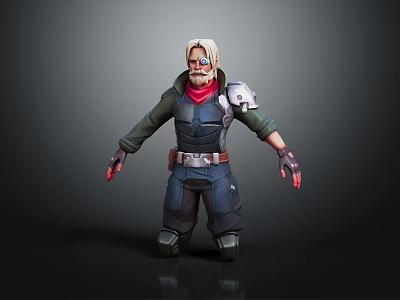 3D Model Character With White Hair Red Scarf Green Coat Blue Pants And Metal Arm Guards 3d model