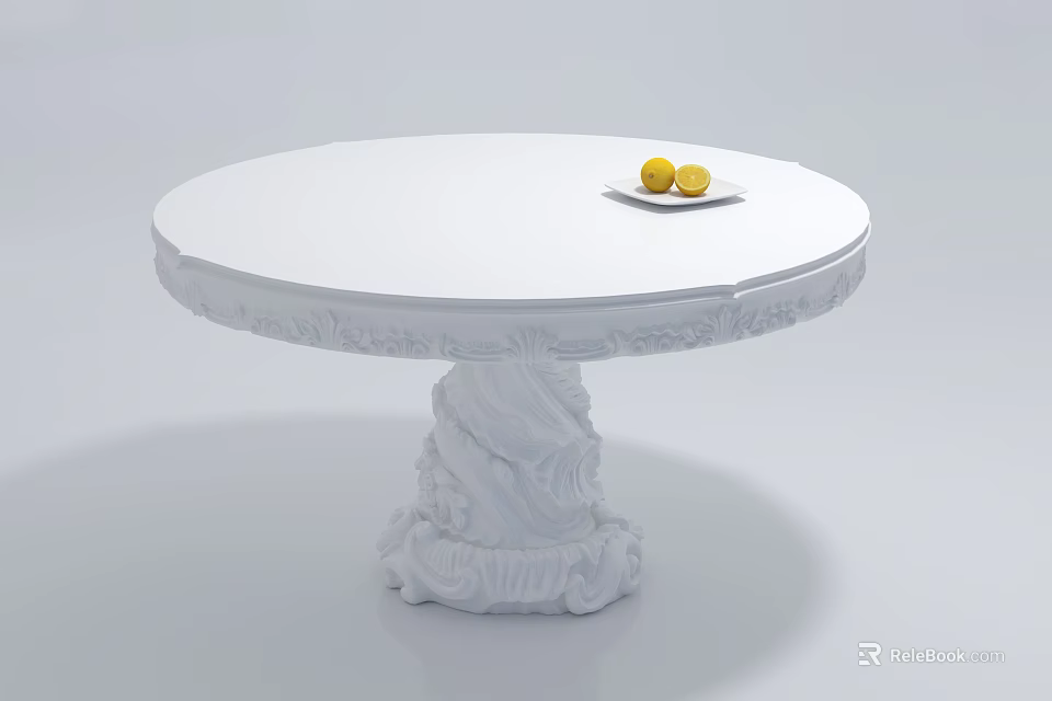 Round White Coffee Table With Small Plate Two Yellow Fruits And Carved Base 3d model 