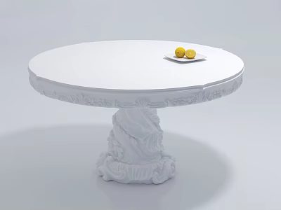 Round White Coffee Table With Small Plate Two Yellow Fruits And Carved Base 3d model