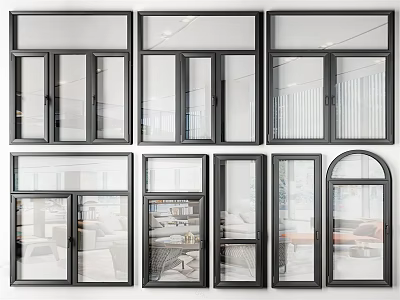 Various Window Designs With Different Shapes And Black Frame Styles 3d model