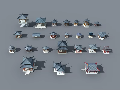 Various Traditional Architectural Models With Different Styles And Colorful Roofs On Gray Background 3d model