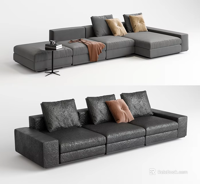 Modern Gray Leather Sofa Set Interior With Decorative Pillows And Throw Blanket 3d model 