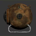 Vintage Copper Spherical Weapon With Metal Stand Riveted Details And Circular Windows