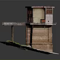 Two Story Building Model With Yellow Brown Exterior Red Window Frames Extended Platform Green Moss