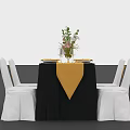 Elegant Dining Table Set With Black Tablecloth Yellow Runner White Chairs And Floral Centerpiece