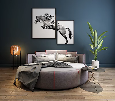 Gray Round Bed With Red Stitching Pillows Blanket Near Side Table Plant And Wall Art 3d model