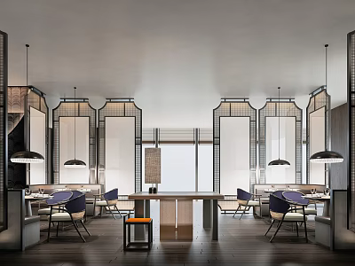Modern Luxury Restaurant Interior With Chinese Screens Pendant Lights Dining Tables Chairs And Open Space 3d model