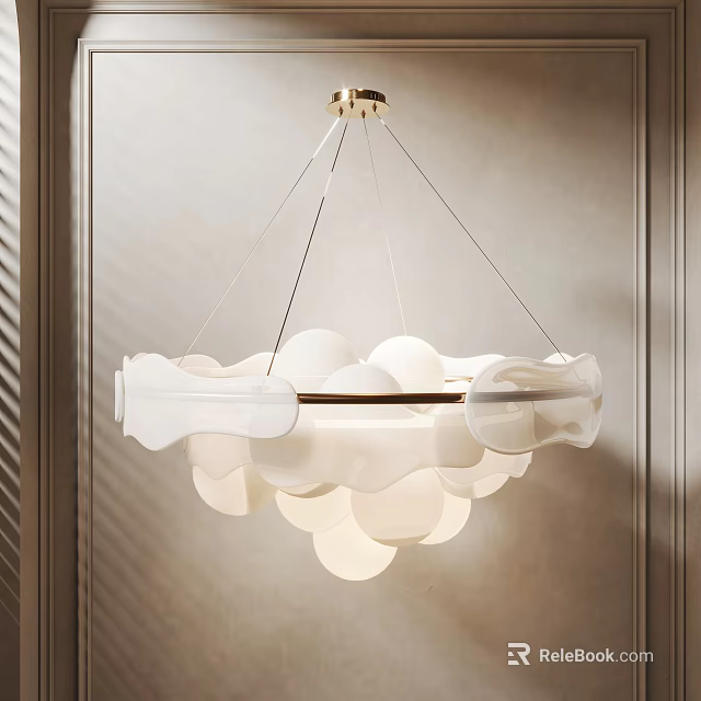 Modern Elegant Chandelier With White Cloud Like Spherical Shades And Gold Metal Frame 3d model 