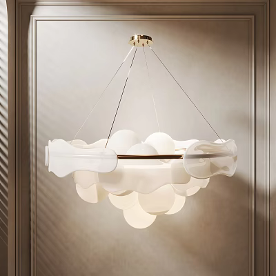 Modern Elegant Chandelier With White Cloud Like Spherical Shades And Gold Metal Frame 3d model