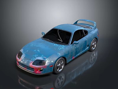 Blue Sports Car with Rear Spoiler Black Windows Silver Wheels and Glossy Sleek Body Finish 3d model