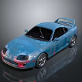 Blue Sports Car with Rear Spoiler Black Windows Silver Wheels and Glossy Sleek Body Finish
