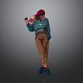 Stylish Outfit With Striped Sweater Orange Pants Red Headscarf Red Shoe On Gray Background