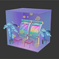 Cube Display Case Interior With Slot Machines Stools Trash Bins And Neon Bubbles