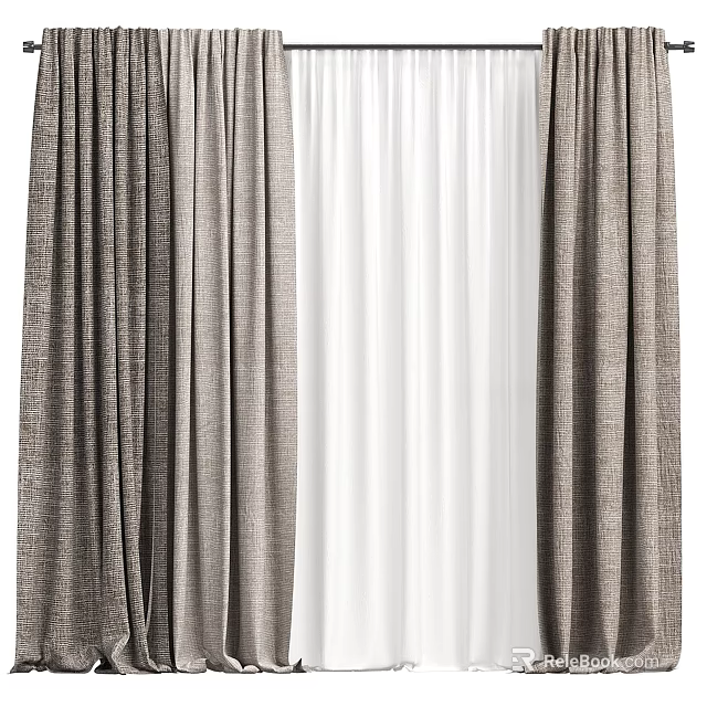 Modern Gray Linen Curtains With White Sheer Layers And Pleated Design For Home Windows 3d model 
