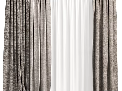 Modern Gray Linen Curtains With White Sheer Layers And Pleated Design For Home Windows 3d model