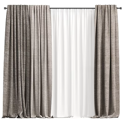 Modern Gray Linen Curtains With White Sheer Layers And Pleated Design For Home Windows 3d model