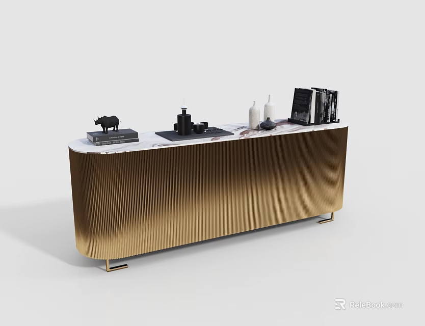 Gold Wavy Texture Entryway Console Table With Marble Top And Decorative Items 3d model