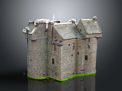 Cartoon Castle Scene With Medieval Stone Towers Gray Slate Roofs Multiple Turrets And Green Grass Foundation 3d model