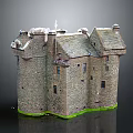 Cartoon Castle Scene With Medieval Stone Towers Gray Slate Roofs Multiple Turrets And Green Grass Foundation