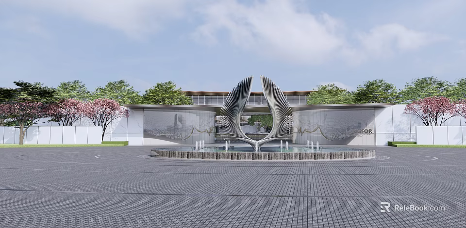 Modern Garden Landscape Design With Central Sculptural Fountain Surrounding Trees And Paved Plaza 3d model 