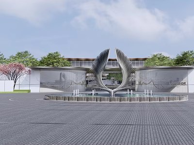 Modern Garden Landscape Design With Central Sculptural Fountain Surrounding Trees And Paved Plaza 3d model