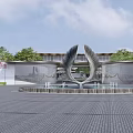 Modern Garden Landscape Design With Central Sculptural Fountain Surrounding Trees And Paved Plaza