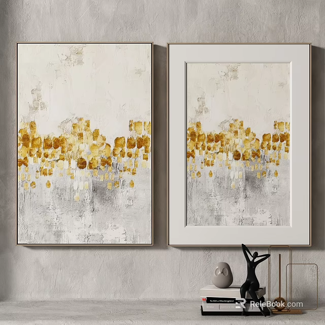 Two Abstract Paintings With Golden Gray Patterns In White Frames For Home Decor 3d model
