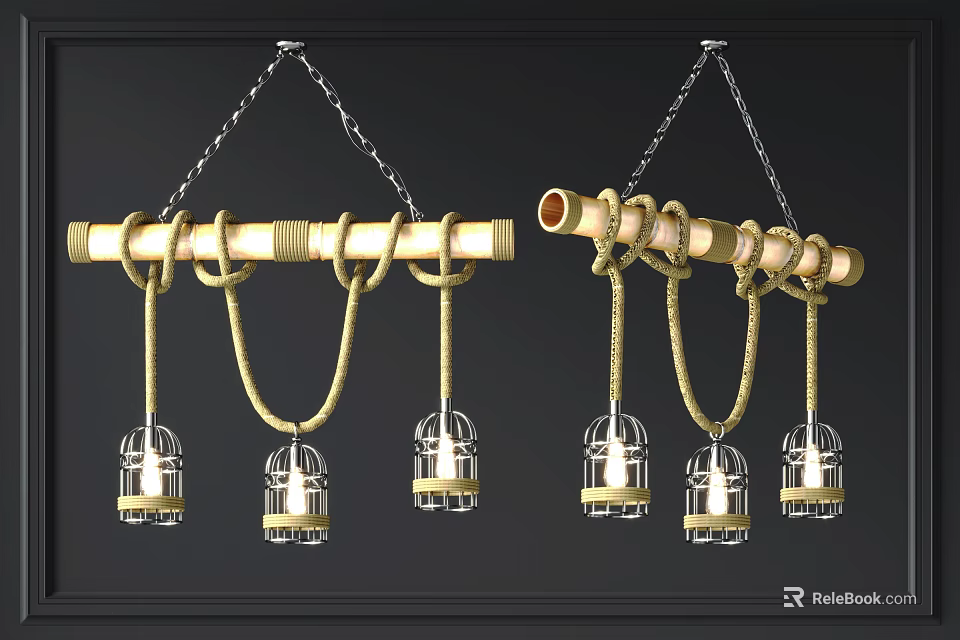 Rustic Chandeliers With Bamboo Rod Chains Ropes And Birdcage Shaped Glass Lamps 3d model 