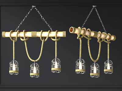 Rustic Chandeliers With Bamboo Rod Chains Ropes And Birdcage Shaped Glass Lamps 3d model