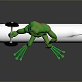 3D Cartoon Muscular Green Frog Lifting Dumbbell Sitting On White Roll With Gray Background