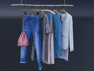 Various Stylish Clothes Hanging on Hangers with Denim and Patterned Designs 3d model