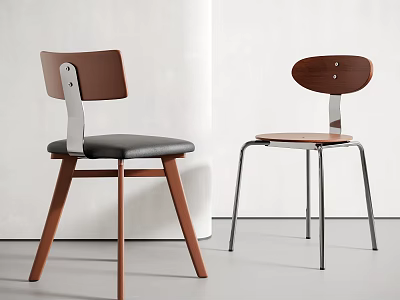 Modern Leisure Chairs with Wooden Back Metal Frame and Black Brown Cushions in Minimalist Interior 3d model