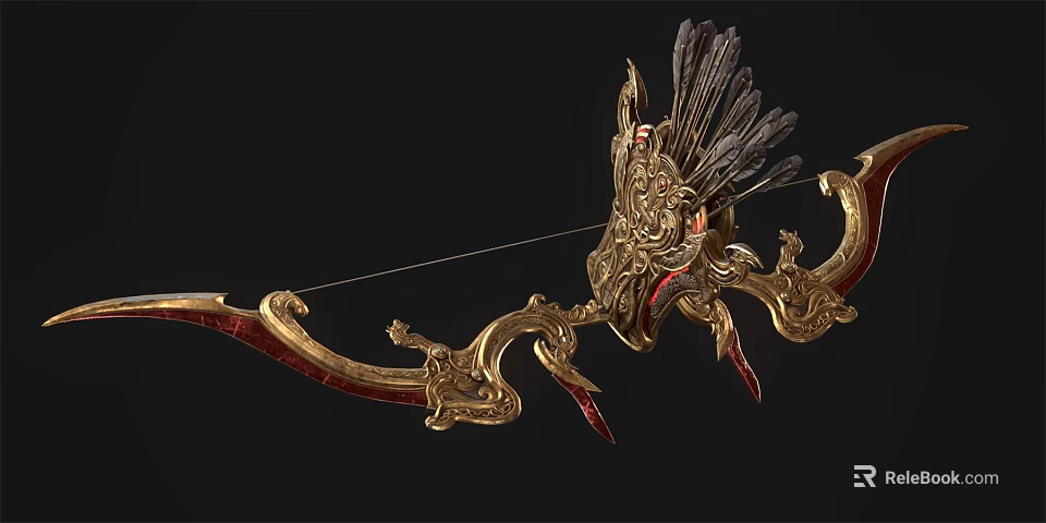 Golden Ornament Decor Set With Ornate Feather Bow And Intricate Patterns 3d model 