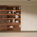 Modern Wooden Bookshelf with Books Decorative Items Photo Frames and Green Plant