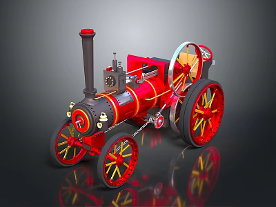 Vintage Steam Car With Red Body Black Chimney And Yellow Spoked Wheels 3d model