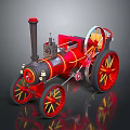 Vintage Steam Car With Red Body Black Chimney And Yellow Spoked Wheels