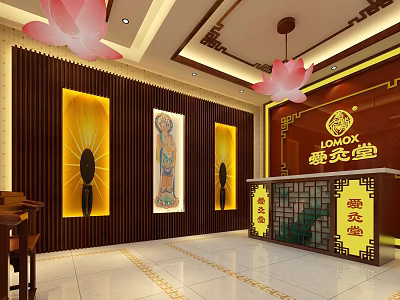 Traditional Chinese Clubhouse With Lotus Decor Wooden Walls Warm Lighting Murals And Reception Desk 3d model