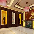 Traditional Chinese Clubhouse With Lotus Decor Wooden Walls Warm Lighting Murals And Reception Desk