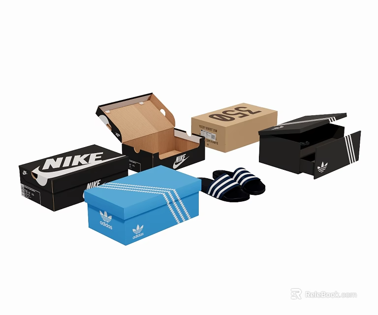 Household Items Open Closed Black Blue Shoe Boxes And Striped Slippers 3d model 