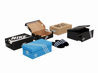 Household Items Open Closed Black Blue Shoe Boxes And Striped Slippers 3d model